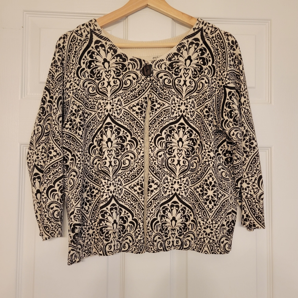 Evie Damask Black Ivory Blended Silk Cardigan, Size L